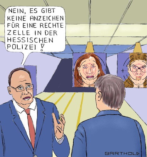 Cartoon: Schießkeller Polizei Frankfurt (medium) by Barthold tagged polizei,hessen,frankfurt,wiesbaden,datenabfrage,polizeicomputer,bedrohung,seda,basay,yildiz,rechtsanwältin,opferanwältin,nsu,morde,janine,wissler,landtagsabgeordnete,linken,idil,baydar,kabarettistin,peter,beuth,innenminister,journalist,schießübungskeller,schießstand,zielscheiben,portraits,rechte,zelle,karikatur,barthold,polizei,hessen,frankfurt,wiesbaden,datenabfrage,polizeicomputer,bedrohung,seda,basay,yildiz,rechtsanwältin,opferanwältin,nsu,morde,janine,wissler,landtagsabgeordnete,linken,idil,baydar,kabarettistin,peter,beuth,innenminister,journalist,schießübungskeller,schießstand,zielscheiben,portraits,rechte,zelle,karikatur,barthold