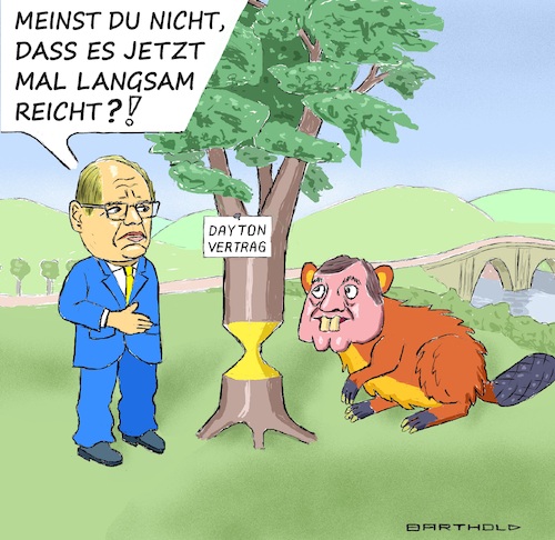 Cartoon: Schmidt und Dodik - der Biber (medium) by Barthold tagged milorad,dodik,präsident,srpska,christian,schmidt,hohe,repräsentant,internationale,gemeinschaft,absicht,verletzung,dayton,vertrag,nichtanerkennung,staatsanwälte,verfassungsgericht,status,sarajewo,biber,baum,cartoon,karikatur,barthold,milorad,dodik,präsident,srpska,christian,schmidt,hohe,repräsentant,internationale,gemeinschaft,absicht,verletzung,dayton,vertrag,nichtanerkennung,staatsanwälte,verfassungsgericht,status,sarajewo,biber,baum,cartoon,karikatur,barthold