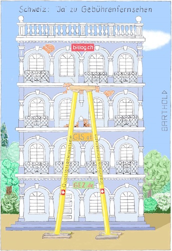 Cartoon: Schweiz JA zu Gebührenfernsehen (medium) by Barthold tagged billag,gis,gez,volksabstimmung,märz,2018,schweiz,gebührenfernsehen,schweizer,radio,fernsehen,srf,ssr,olivier,kessler,hans,ulrich,bigler,gewerbekammer,traditionsbewusstsein,qualitätsbewusstsein,gründerjahre,haus,stützen,abstützung,baufällig,bildungsauftrag,seriosität,informationsauftrag