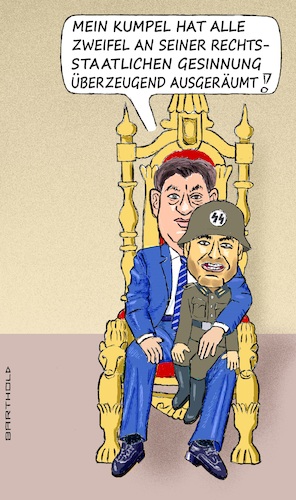 Cartoon: Söder zeigt Gnade (medium) by Barthold tagged markus,söder,hubert,aiwanger,flugblattaffaire,verdacht,antisemitismus,außerhalb,grundgesetz,verfassung,fragenkatalog,antworten,entscheidung,ministerpräsident,erklärung,vertrauen,thron,uniform,ss,schutzstaffel,cartoon,karikatur,barthold,markus,söder,hubert,aiwanger,flugblattaffaire,verdacht,antisemitismus,außerhalb,grundgesetz,verfassung,fragenkatalog,antworten,entscheidung,ministerpräsident,erklärung,vertrauen,thron,uniform,ss,schutzstaffel,cartoon,karikatur,barthold