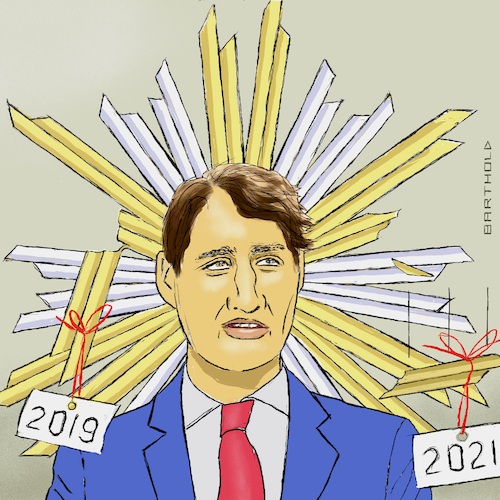 Cartoon: Trudeau from Elect. to Elect. (medium) by Barthold tagged justin,trudeau,president,canada,parliament,election,2021,failed,majority,gloriole,damage,cartoon,caricature,barthold,elect,justin,trudeau,president,canada,parliament,election,2021,failed,majority,gloriole,damage,cartoon,caricature,barthold