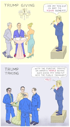 Cartoon: Trump Giving and Taking (medium) by Barthold tagged donald,trump,additional,punitive,tariff,25,percent,goods,value,200,billion,dollar,tax,cut,2017,wealthy,factory,worker,champagne,party,table,cable,reel,roller