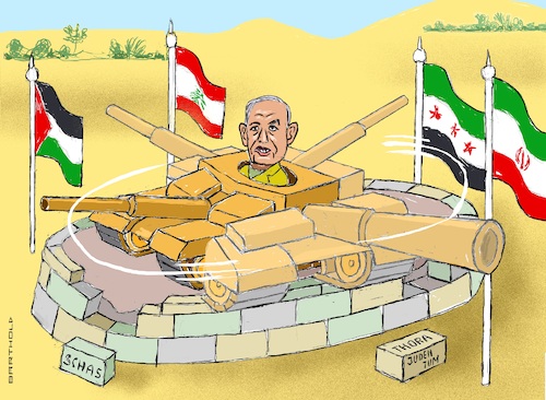 Cartoon: Und jetzt auch noch Syrien! (medium) by Barthold tagged benjamin,netanjahu,netanyahu,dreht,durch,panzer,angriff,hamas,hisbollah,iran,syrien,ziel,schutz,drusen,hochburg,suweida,koalition,abtrünnig,vereinigtes,thora,judentum,schas,cartoon,karikatur,barthold,benjamin,netanjahu,netanyahu,dreht,durch,panzer,angriff,hamas,hisbollah,iran,syrien,ziel,schutz,drusen,hochburg,suweida,koalition,abtrünnig,vereinigtes,thora,judentum,schas,cartoon,karikatur,barthold