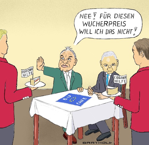 Cartoon: Viktor Orban im EU-Cafe (medium) by Barthold tagged viktor,orban,ministerpräsident,ungarn,jaroslav,kaczynski,vizeministerpräsident,eu,corona,hilfsfonds,drohung,blockade,verknüpfung,rechtsstaatskonditionalität,rechtsstaatsklausel,unabhängigkeit,justiz,gewaltenteilung,tortenstück,kellnerin,cartoon,karikatur,barthold,viktor,orban,ministerpräsident,ungarn,jaroslav,kaczynski,vizeministerpräsident,eu,corona,hilfsfonds,drohung,blockade,verknüpfung,rechtsstaatskonditionalität,rechtsstaatsklausel,unabhängigkeit,justiz,gewaltenteilung,tortenstück,kellnerin,cartoon,karikatur,barthold