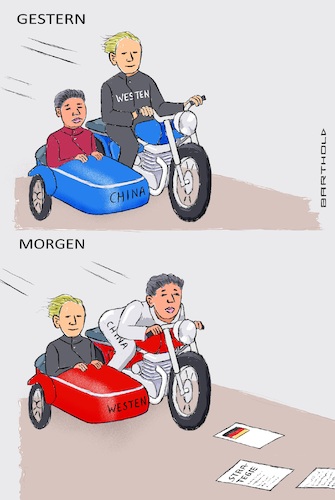 Cartoon: Wie es kommen wird (medium) by Barthold tagged deutschland,vorstellung,china,strategiepapier,derisking,vermeidung,decoupling,infragestellung,erfolg,große,anstrengungen,chinesischer,seite,autarkie,abhängigmachung,andere,motorradgespann,motorrad,beiwagen,gestern,morgen,dominanzumkehr,cartoon,karikatur,barthold,deutschland,vorstellung,china,strategiepapier,derisking,vermeidung,decoupling,infragestellung,erfolg,große,anstrengungen,chinesischer,seite,autarkie,abhängigmachung,andere,motorradgespann,motorrad,beiwagen,gestern,morgen,dominanzumkehr,cartoon,karikatur,barthold