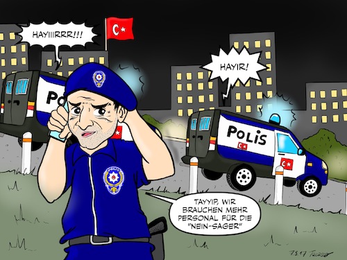 Cartoon: Demokratie_Tuerkei_Polizei (medium) by Tacasso tagged türkei,kurden,türken,journalisten,polizei,präsidialsystem,referendum,recep,tayyip,erdogan,hayir,nein