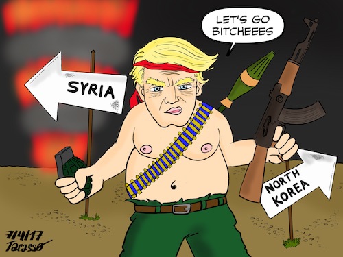 Cartoon: Trump_Syria_Assad_Russia (medium) by Tacasso tagged syrien,syia,amerika,america,russland,russia,nordkorea,northkorea,donald,trump,wladimir,putin,bashar,al,assad,tomahawk,raketen,idil,giftgas,sarin,toxic,gas