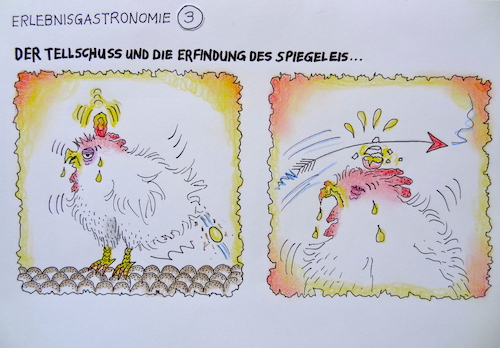 Cartoon: erfindung des spiegeleis (medium) by katzen-gretelein tagged essen,gastronomie,erlebnisgastronomie