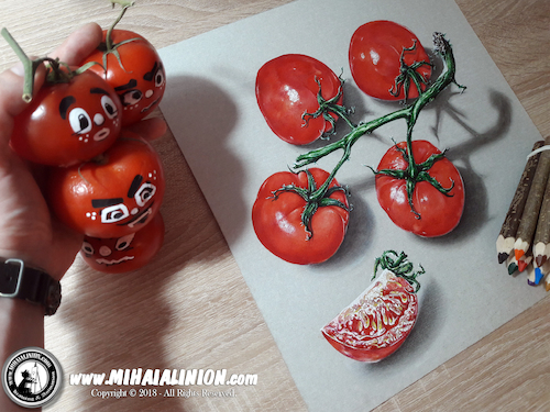 Cartoon: Drawing Tomatoes - 3D Art (medium) by Art by Mihai Alin Ion tagged drawing,illustration,painting,mihaialinion,3dart,tomatoes,vegetables,funny,realisticart,pencildrawing
