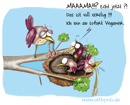 Cartoon: Veganismus-Hype (medium) by OTTbyrds tagged veganismus,vegan,veggie,hype,kinderernährung,vogelkinder,ernährungstrend,nutrition