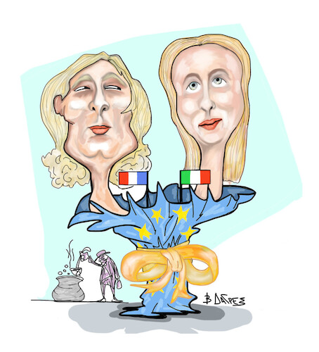 Cartoon: LEPEN MELONI (medium) by vasilis dagres tagged meloni,lepen,european,elections