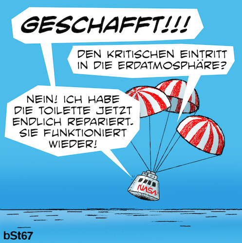 Cartoon: Artemis 2 (medium) by bSt67 tagged nasa,artemis,toilette,technik,raumkapsel,weltraum,mond,erde,pazifik,landung,fallschirme,astronautin,astronauten,crew,problemlösung,ziel,freude,mondflug
