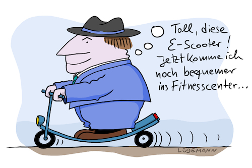 Cartoon: Mit dem E-Scooter fit bleiben (medium) by Lüdemann tagged scooter,escooter,elektroscooter,eroller,roller,elektroroller,innenstadt,city,unfall,fitness,fitnesscenter,gesundheit,übergewicht,trend,elektromobilität,mobilität,mobility,co2,feinstaub,großstadt,bequem,bequemlichkeit,alternativ,antrieb,politik,grün,fahrverbot,fahrrad,logistik,parkplatz,öffentlicher,raum,scooter,escooter,elektroscooter,eroller,roller,elektroroller,innenstadt,city,unfall,fitness,fitnesscenter,gesundheit,übergewicht,trend,elektromobilität,mobilität,mobility,co2,feinstaub,großstadt,bequem,bequemlichkeit,alternativ,antrieb,politik,grün,fahrverbot,fahrrad,logistik,parkplatz,öffentlicher,raum