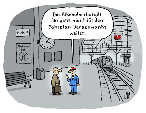Cartoon: Alkoholverbot (medium) by Lo Graf von Blickensdorf tagged deutsche,bahn,alkoholverbot,bahnhof,karikatur,lo,graf,cartoon,kriminalität,bier,schnaps,alkoholfrei,hauptbahnhof,fahrplan,schwankt,unpünktlich,züge,polizei,deutsche,bahn,alkoholverbot,bahnhof,karikatur,lo,graf,cartoon,kriminalität,bier,schnaps,alkoholfrei,hauptbahnhof,fahrplan,schwankt,unpünktlich,züge,polizei