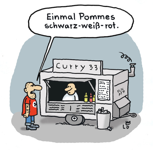 Cartoon: Am Imbiss (medium) by Lo Graf von Blickensdorf tagged neo,nazi,curry,33,imbiss,pommes,frites,currywurst,imbisswagen,schnellimbiss,imbissstand,essen,mahlzeit,nahrung,reichskriegsflagge,nazisymbole,skinhead,afd,npd,hitler,schwarz,weiß,rot,bestellung,gast,neo,nazi,curry,33,imbiss,pommes,frites,currywurst,imbisswagen,schnellimbiss,imbissstand,essen,mahlzeit,nahrung,reichskriegsflagge,nazisymbole,skinhead,afd,npd,hitler,schwarz,weiß,rot,bestellung,gast