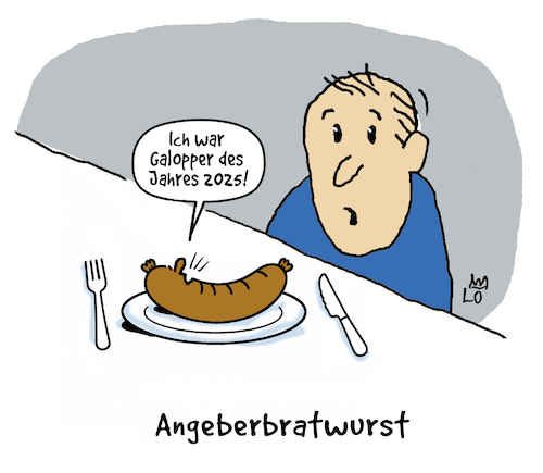 Cartoon: Angeber (medium) by Lo Graf von Blickensdorf tagged bratwurst,galopprennbahn,pferd,galopper,des,jahres,wurst,karikatur,lo,graf,cartoon,pferderennen,galopprennen,rennpferd,bratwurst,galopprennbahn,pferd,galopper,des,jahres,wurst,karikatur,lo,graf,cartoon,pferderennen,galopprennen,rennpferd