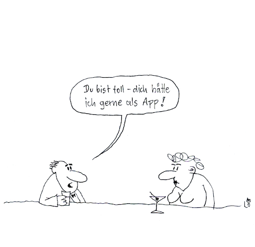 Cartoon: App (medium) by Lo Graf von Blickensdorf tagged date,mann,frau,app,beziehung,karikatur,lo,graf,cartoon,bar,theke,kneipe,tinder,date,mann,frau,app,beziehung,karikatur,lo,graf,cartoon,bar,theke,kneipe,tinder