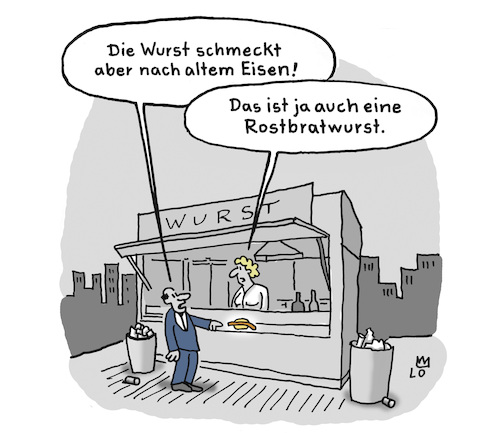 Cartoon: Beschwerde (medium) by Lo Graf von Blickensdorf tagged imbiss,wortspiel,bratwurst,imbissbude,imbissstand,eisen,schnellimbiss,bistro,rost,rostbratwurst,beschwerde,reklamation,karikatur,lo,cartoon,pommes,currywurst,imbiss,wortspiel,bratwurst,imbissbude,imbissstand,eisen,schnellimbiss,bistro,rost,rostbratwurst,beschwerde,reklamation,karikatur,lo,cartoon,pommes,currywurst