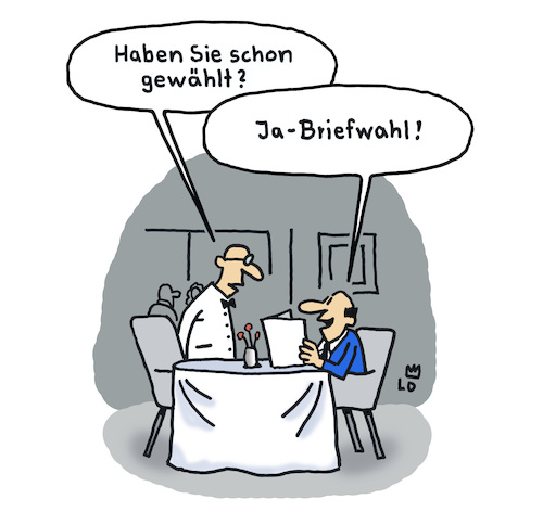 Cartoon: Briefwahl (medium) by Lo Graf von Blickensdorf tagged restaurant,ober,kellner,speisekarte,gewählt,gast,briefwahl,bundestagswahl,landtagswahl,bundestag,wähler,wahltag,karikatur,lo,cartoon,superwahljahr,restaurant,ober,kellner,speisekarte,gewählt,gast,briefwahl,bundestagswahl,landtagswahl,bundestag,wähler,wahltag,karikatur,lo,cartoon,superwahljahr