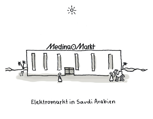 Cartoon: Elektromarkt (medium) by Lo Graf von Blickensdorf tagged mediamarkt,wüste,saudi,arabien,wortspiel,karikatur,lo,graf,cartoon,mekka,medina,medinamarkt,mediamarkt,wüste,saudi,arabien,wortspiel,karikatur,lo,graf,cartoon,mekka,medina,medinamarkt