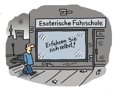 Cartoon: Fahrschule (medium) by Lo Graf von Blickensdorf tagged esoterik,selbsterfahrung,selbsterkenntnis,fahrschule,spiritualität,autognosie,karikatur,lo,cartoon,mann,passant,berlin,laden,schaufenster,führerschein,esoterik,selbsterfahrung,selbsterkenntnis,fahrschule,spiritualität,autognosie,karikatur,lo,cartoon,mann,passant,berlin,laden,schaufenster,führerschein