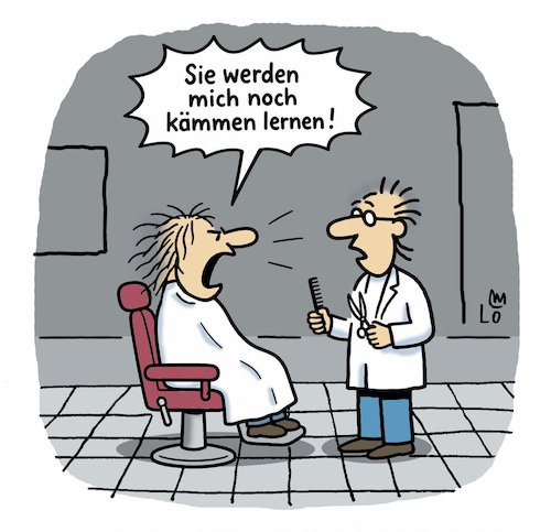 Cartoon: Friseurbesuch (medium) by Lo Graf von Blickensdorf tagged auszubildender,friseur,haare,schneiden,kämmen,kamm,schere,karikatur,lo,graf,cartoon,handwerk,friseurbesuch,kennen,lernen,wortspiel,auszubildender,friseur,haare,schneiden,kämmen,kamm,schere,karikatur,lo,graf,cartoon,handwerk,friseurbesuch,kennen,lernen,wortspiel
