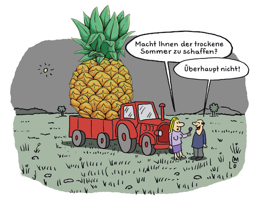 Cartoon: Gute Ernte (medium) by Lo Graf von Blickensdorf tagged landwirtschaft,wetter,sommerwetter,tropische,früchte,bauer,dürre,trockenheit,trockener,landwirt,klimaerwärmung,klimakrise,sommer,ernte,ananas,obsternte,karikatur,lo,graf,cartoon,interview,tv,radio,mann,frau,feld,traktor,feldfrucht,landwirtschaft,wetter,sommerwetter,tropische,früchte,bauer,dürre,trockenheit,trockener,landwirt,klimaerwärmung,klimakrise,sommer,ernte,ananas,obsternte,karikatur,lo,graf,cartoon,interview,tv,radio,mann,frau,feld,traktor,feldfrucht