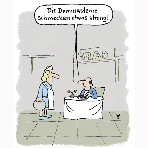 Cartoon: Im Cafe (medium) by Lo Graf von Blickensdorf tagged weihnachtszeit,weihnachtszeit,dominosteine,cafe,tisch,kellnerin,gast,domina