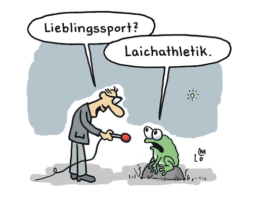 Cartoon: Interview (medium) by Lo Graf von Blickensdorf tagged sport,frosch,lieblingssport,mann,froschlaich,laich,eier,kröte,interview,tiere,leichtathletik,sportreporter,wortspiel,karikatur,lo,graf,cartoon,sport,frosch,lieblingssport,mann,froschlaich,laich,eier,kröte,interview,tiere,leichtathletik,sportreporter,wortspiel,karikatur,lo,graf,cartoon