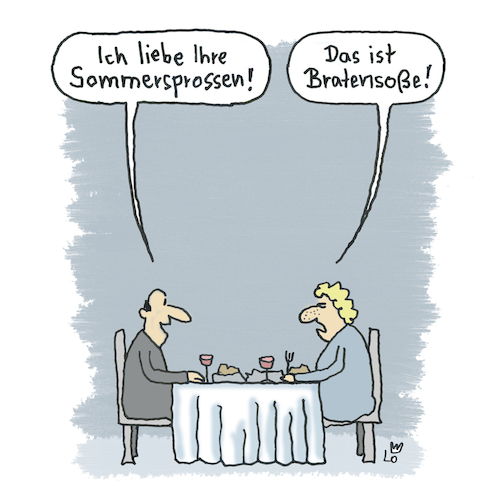 Cartoon: Sommersprossen (medium) by Lo Graf von Blickensdorf tagged bratensoße,diner,essen,ehepaar,sommersprossen