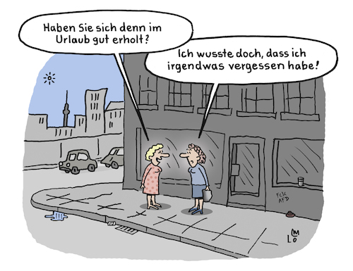 Cartoon: Wieder zuhause (medium) by Lo Graf von Blickensdorf tagged urlaubsende,reise,urlaub,rückkehr,erholung,stress,malle,frau,nachbarin,bekannte,freundin,straße,berlin,karikatur,lo,graf,cartoon,urlaubsreise,flugreise,ferien,freizeit,sommerfrische,zuhause,ruhe,berge,meer,urlaubsende,reise,urlaub,rückkehr,erholung,stress,malle,frau,nachbarin,bekannte,freundin,straße,berlin,karikatur,lo,graf,cartoon,urlaubsreise,flugreise,ferien,freizeit,sommerfrische,zuhause,ruhe,berge,meer