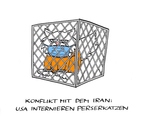 Cartoon: Persinierung (medium) by Bregenwurst tagged iran,usa,konflikt,atomabkommen,perserkatze,internierung
