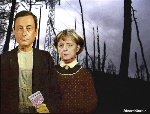 Cartoon: spread (medium) by edoardo baraldi tagged draghi,merkel,bce