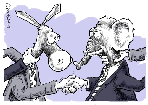 Cartoon: Cooperation (medium) by Goodwyn tagged choke,throat,politics,donkey,elephant,republican,democrat,handshake