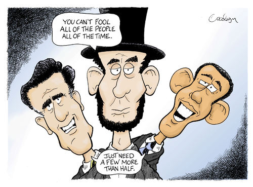 Cartoon: Reflections on Lincoln (medium) by Goodwyn tagged election,lincoln,romney,obama