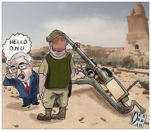 Cartoon: Haftar ceases operations (medium) by Christi tagged haftar,tripoli,libia,onu
