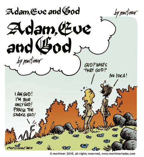 Cartoon: adam Eve and God 01 (medium) by mortimer tagged mortimer,mortimeriadas,cartoon,comic,gag,biblical,adam,eve,god,snake,bible,christian,holy,leaf,love,erotic,hairy,belly,blonde,flowers,paradise,eden,original,sin