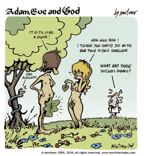 Cartoon: adam eve and god 19 (medium) by mortimer tagged mortimer,mortimeriadas,cartoon,comic,gag,adam,eve,god,bible,paradise,eden,biblical,christian,original,sin,nude,toons,hairy,belly,blonde,snake,apple,illustration,illustrationen,gott,bibel,religion,adam,eva,entstehung,paradies