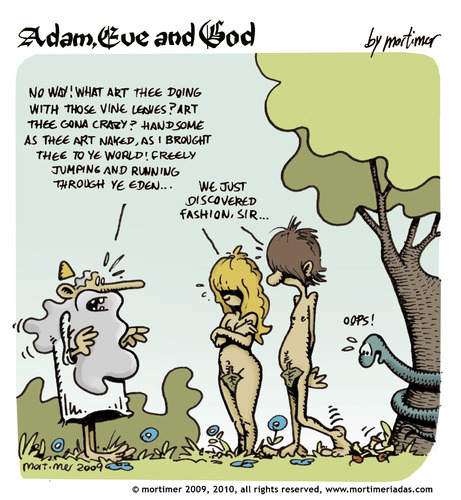 Cartoon: adam eve and god 20 (medium) by mortimer tagged mortimer,mortimeriadas,cartoon,comic,gag,adam,eve,god,bible,paradise,eden,biblical,christian,original,sin,nude,toons,hairy,belly,blonde,snake,apple,illustration,illustrationen,gott,bibel,religion,adam,eva,entstehung,paradies