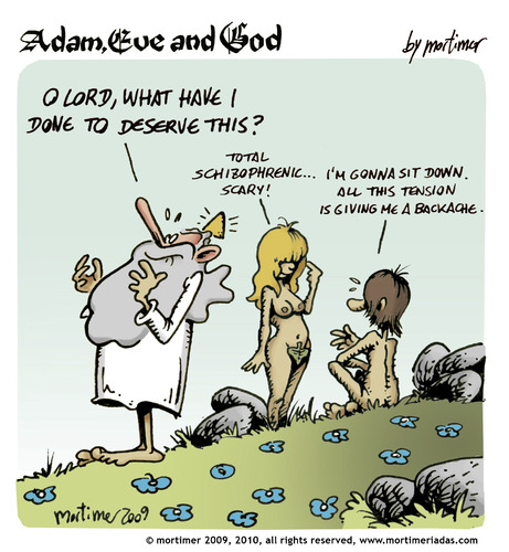 Cartoon: adam eve and god 24 (medium) by mortimer tagged mortimer,mortimeriadas,cartoon,comic,gag,adam,eve,god,bible,paradise,eden,biblical,christian,original,sin,nude,toons,hairy,belly,blonde,illustration,illustrationen,gott,bibel,religion,adam,eva,entstehung,paradies