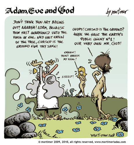 Cartoon: adam eve and god 27 (medium) by mortimer tagged mortimer,mortimeriadas,cartoon,comic,gag,adam,eve,god,bible,paradise,eden,biblical,christian,original,sin,nude,toons,hairy,belly,blonde,snake,apple,illustration,illustrationen,gott,bibel,religion,adam,eva,entstehung,paradies