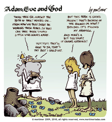 Cartoon: adam eve and god 29 (medium) by mortimer tagged mortimer,mortimeriadas,cartoon,comic,gag,adam,eve,god,bible,paradise,eden,biblical,christian,original,sin,nude,toons,hairy,belly,blonde,snake,apple,gott,paradies,adam,eva,religion,bibel,entstehung,illustration,illustrationen