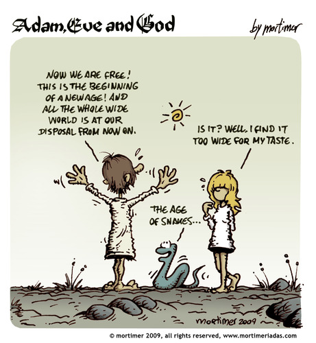 Cartoon: adam eve and god 38 (medium) by mortimer tagged english,adam,eve,god,cartoon,comic,gag,mortimer,mortimeriadas,biblical,christian,original,sin,expulsion,paradise,eden,snake,illustration,illustrationen,comic,freiheit,welt,erde,adam,eva,religion,bibel,gott