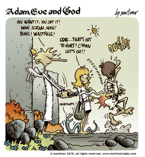 Cartoon: Adam Eve and God 44 (medium) by mortimer tagged mortimer,mortimeriadas,cartoon,comic,biblical,adam,eve,god,snake,paradise,bible,illustration,adam,eva,garten eden,bibel,religion,glaube,garten,eden