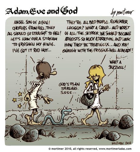 Cartoon: Adam Eve and God 45 (medium) by mortimer tagged mortimer,mortimeriadas,cartoon,comic,biblical,adam,eve,god,snake,paradise,bible,illustration,adam,eva,garten eden,bibel,religion,glaube,garten,eden