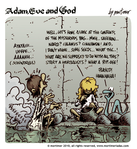 Cartoon: Adam Eve and God 47 (medium) by mortimer tagged mortimer,mortimeriadas,cartoon,comic,biblical,adam,eve,god,snake,paradise,bible,illustration,adam,eva,garten eden,bibel,religion,glaube,garten,eden