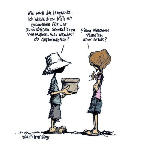 Cartoon: Eine wundervolle Welt (medium) by mortimer tagged mortimer,mortimeriadas,cartoon,generationen,generation,kinder,kind,mädchen,junge,kindheit,jugend,jugendliche,geschenk,geschenke,hinterlassenschaft,testament,erbe,tod,sterben,planet,erde,umweltzerstörung,umweltschutz,umwelt,natur,zerstörung