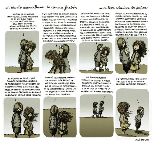 Cartoon: la ciencia ficcion (medium) by mortimer tagged mortimer,mortimeriadas,cartoon,comic,tira,postapocaliptico,zombies,zombis,futuro,presente,pasado,pulp,ciencia,ficcion,filosofia