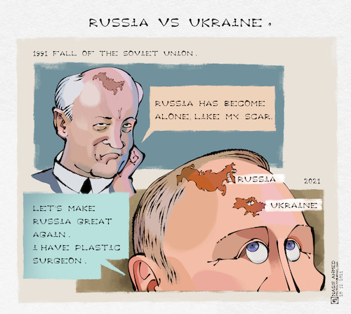 Cartoon: Russia vs Ukraine (medium) by Nasif Ahmed tagged russia,ukraine,putin,mikhailgorbachev,sovietunion,nationalism,perestroika,glasnost