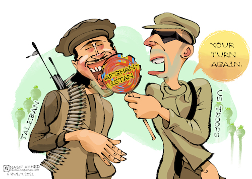 Cartoon: Taleban conquering Afghanistan (medium) by Nasif Ahmed tagged afghanistan,ustroops,america,taleban,fundamentalist,politicalcartoon,editorialcartoon